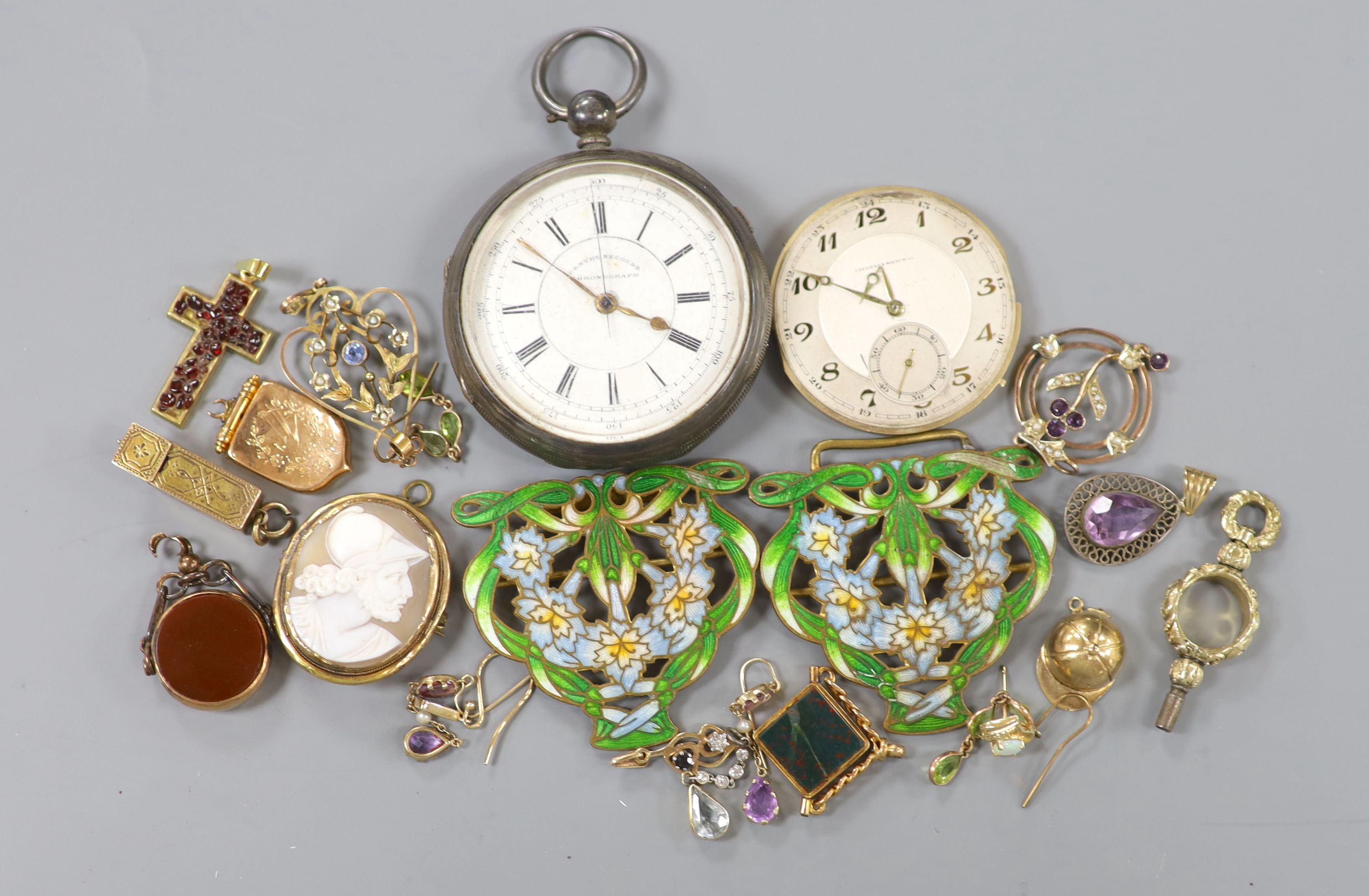 Sundry jewellery etc. including a yellow metal, amethyst and seed pearl pendant, enamelled gilt metal buckle, cameo brooch, two fob seals, silver chronograph pocket watch etc.